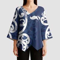 New Zealand Maori Mo Bros Kimono Sleeve Blouse Blue Ribbon With Koru Kowhaiwhai - Polynesian Pride