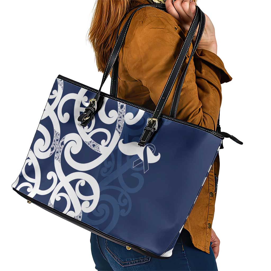New Zealand Maori Mo Bros Leather Tote Bag Blue Ribbon With Koru Kowhaiwhai - Polynesian Pride