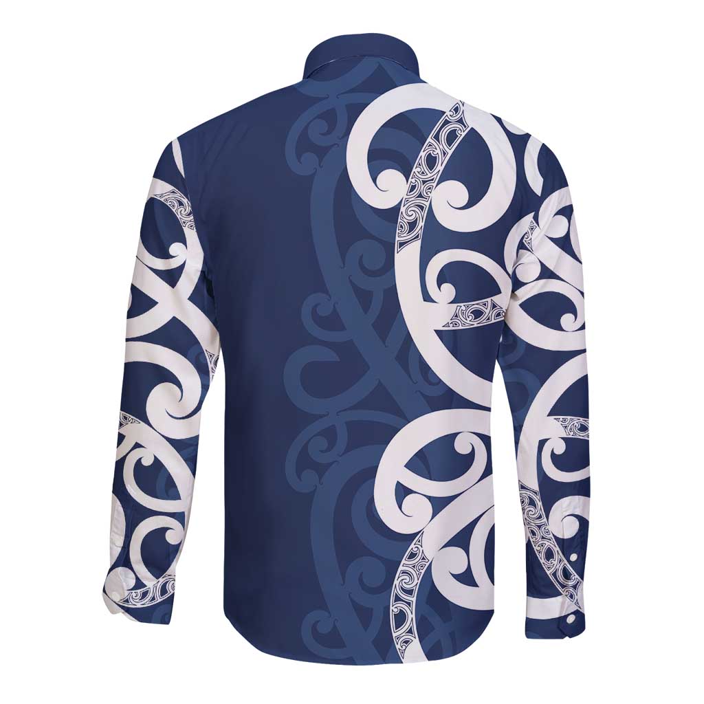 New Zealand Maori Mo Bros Long Sleeve Button Shirt Blue Ribbon With Koru Kowhaiwhai - Polynesian Pride