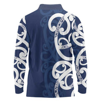 New Zealand Maori Mo Bros Long Sleeve Polo Shirt Blue Ribbon With Koru Kowhaiwhai - Polynesian Pride