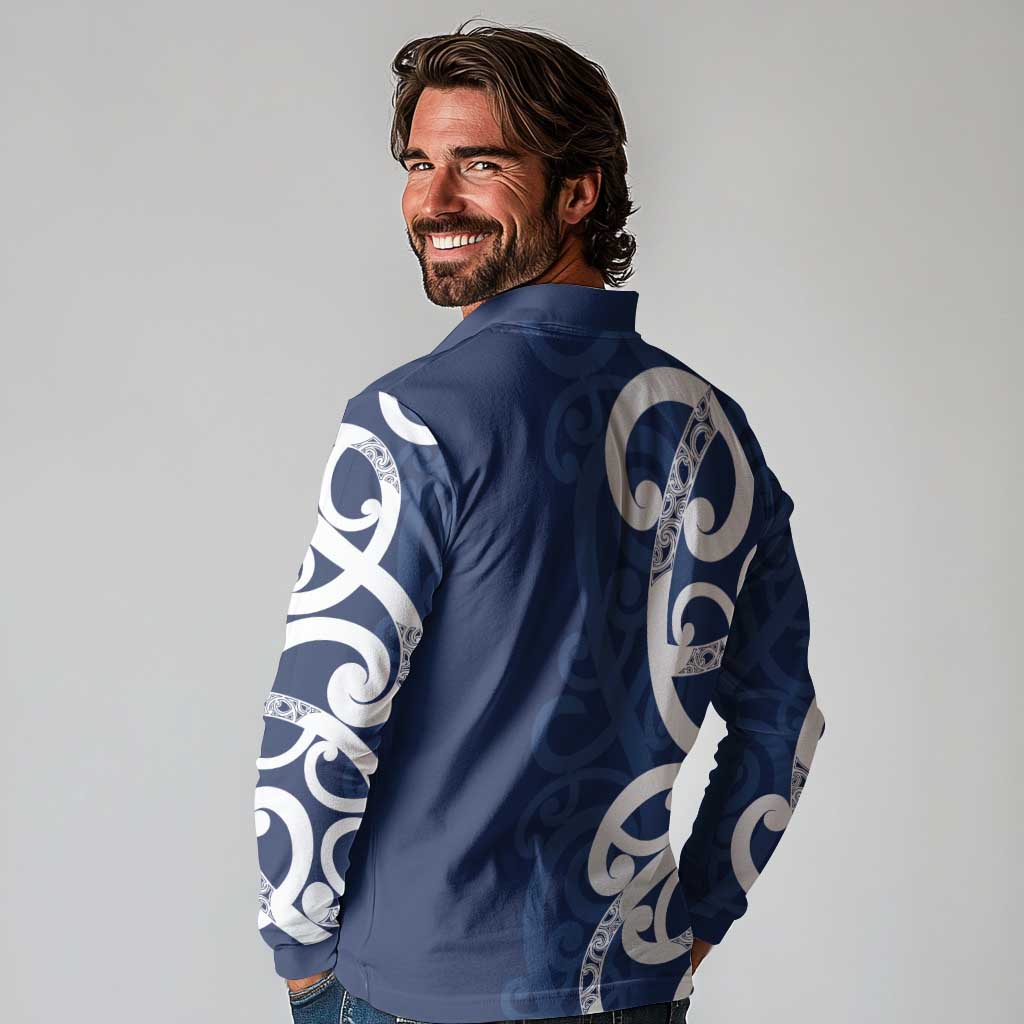 New Zealand Maori Mo Bros Long Sleeve Polo Shirt Blue Ribbon With Koru Kowhaiwhai - Polynesian Pride