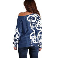 New Zealand Maori Mo Bros Off Shoulder Sweater Blue Ribbon With Koru Kowhaiwhai - Polynesian Pride