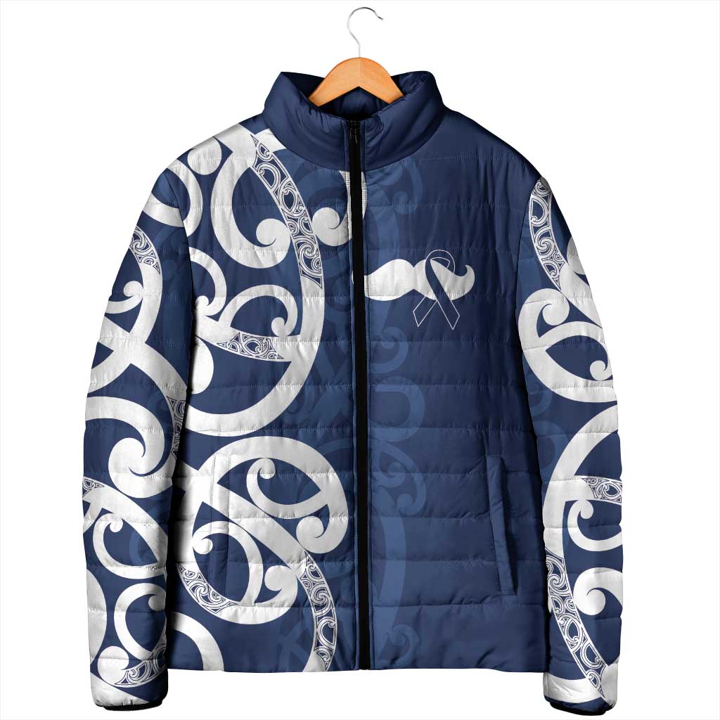 New Zealand Maori Mo Bros Padded Jacket Blue Ribbon With Koru Kowhaiwhai - Polynesian Pride