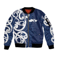 New Zealand Maori Mo Bros Sleeve Zip Bomber Jacket Blue Ribbon With Koru Kowhaiwhai - Polynesian Pride