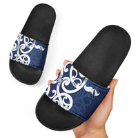 New Zealand Maori Mo Bros Slide Sandals Blue Ribbon With Koru Kowhaiwhai - Polynesian Pride