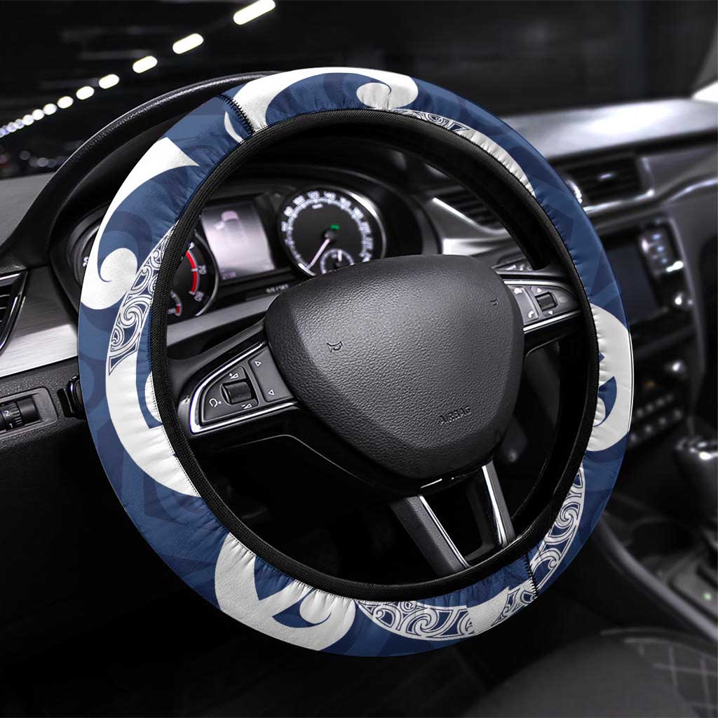 New Zealand Maori Mo Bros Steering Wheel Cover Blue Ribbon With Koru Kowhaiwhai - Polynesian Pride