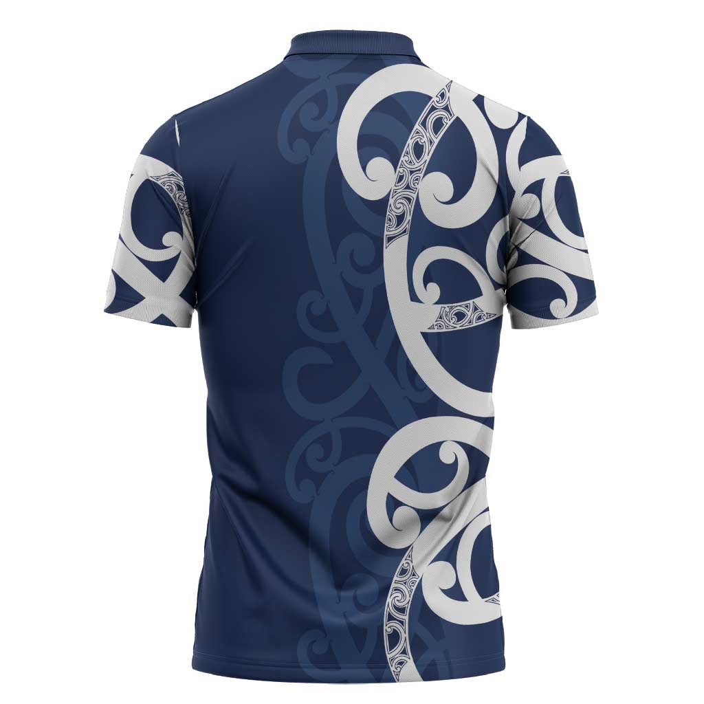 New Zealand Maori Mo Bros Zipper Polo Shirt Blue Ribbon With Koru Kowhaiwhai - Polynesian Pride