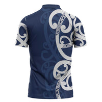 New Zealand Maori Mo Bros Zipper Polo Shirt Blue Ribbon With Koru Kowhaiwhai - Polynesian Pride