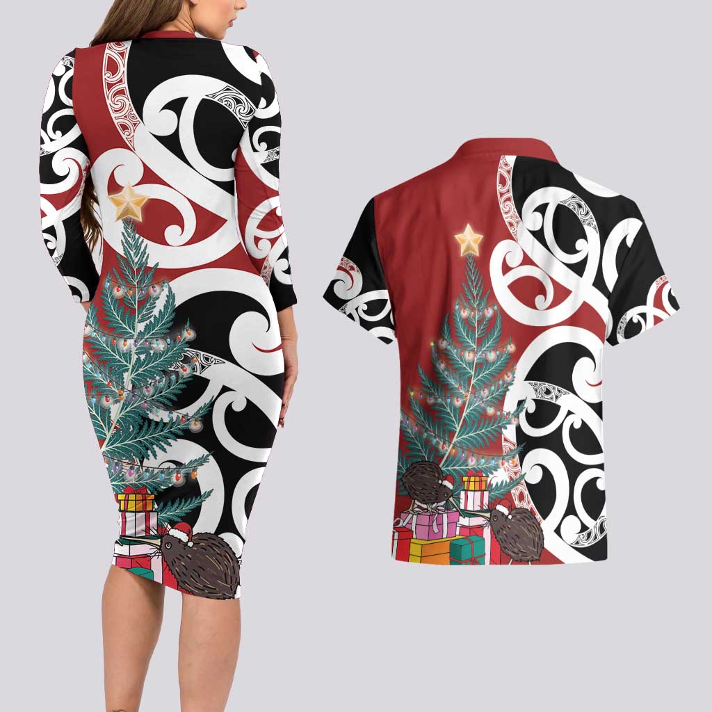 New Zealand Silver Fern Christmas Tree Couples Matching Long Sleeve Bodycon Dress and Hawaiian Shirt Meri Kirihimete - Polynesian Pride