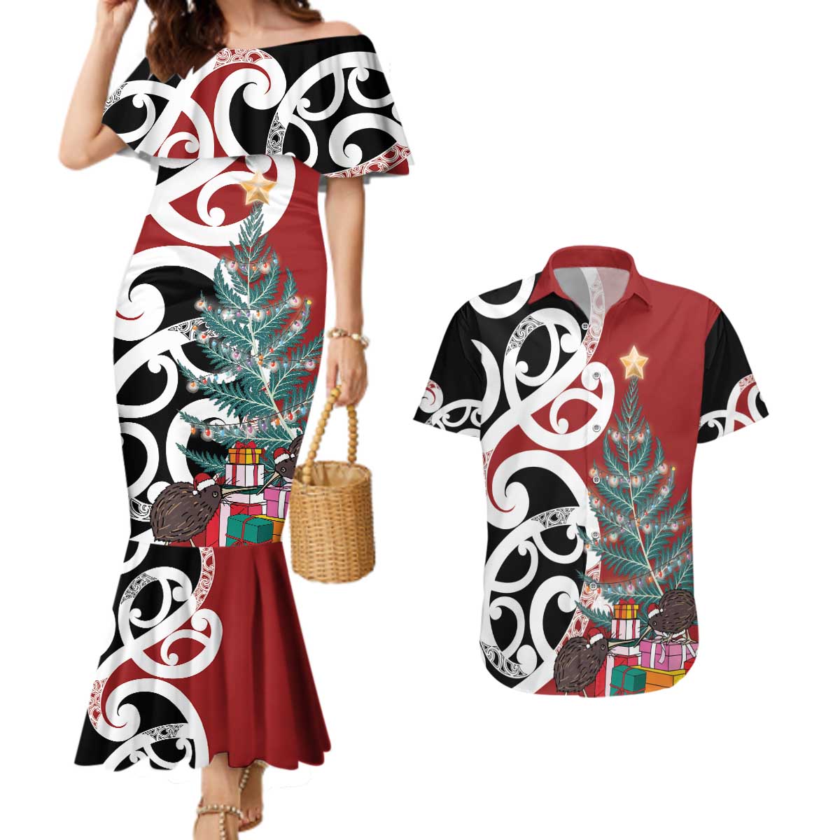 New Zealand Silver Fern Christmas Tree Couples Matching Mermaid Dress and Hawaiian Shirt Meri Kirihimete - Polynesian Pride