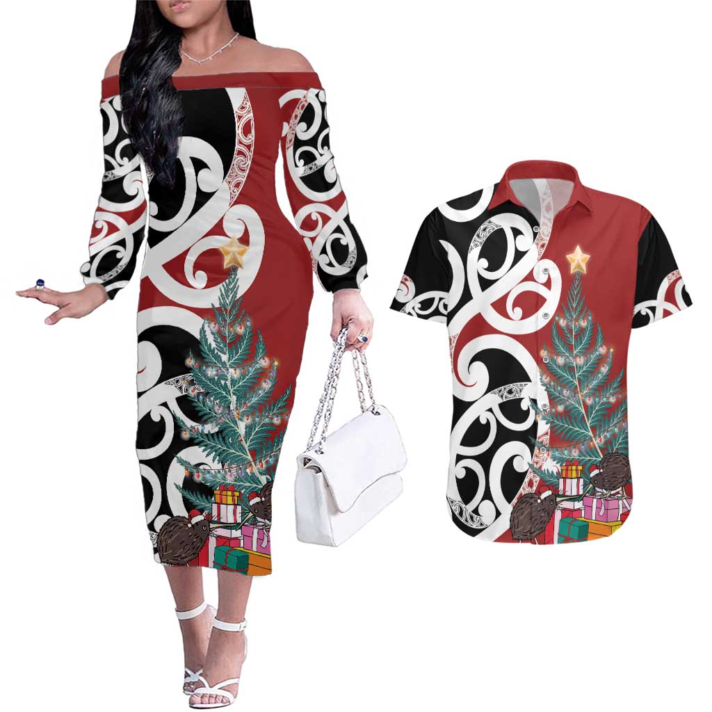 New Zealand Silver Fern Christmas Tree Couples Matching Off The Shoulder Long Sleeve Dress and Hawaiian Shirt Meri Kirihimete - Polynesian Pride