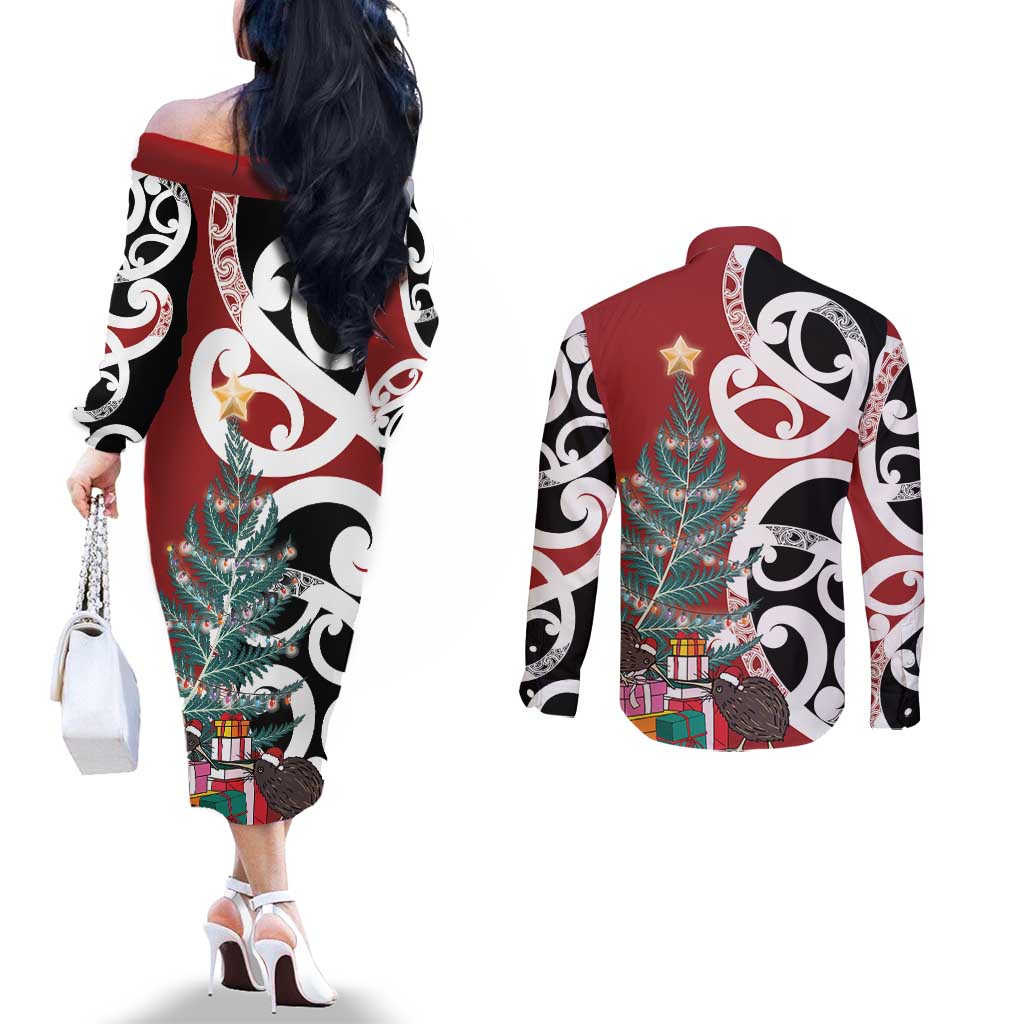 New Zealand Silver Fern Christmas Tree Couples Matching Off The Shoulder Long Sleeve Dress and Long Sleeve Button Shirt Meri Kirihimete - Polynesian Pride