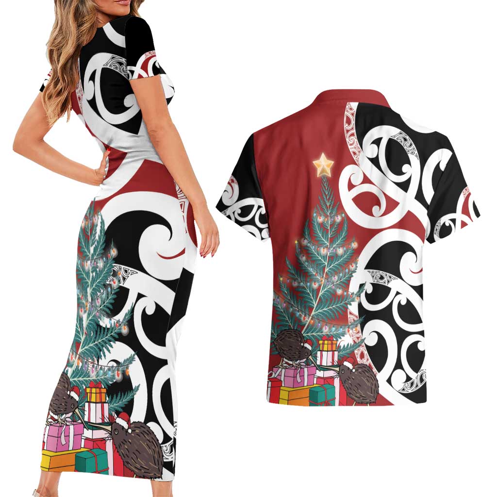 New Zealand Silver Fern Christmas Tree Couples Matching Short Sleeve Bodycon Dress and Hawaiian Shirt Meri Kirihimete - Polynesian Pride