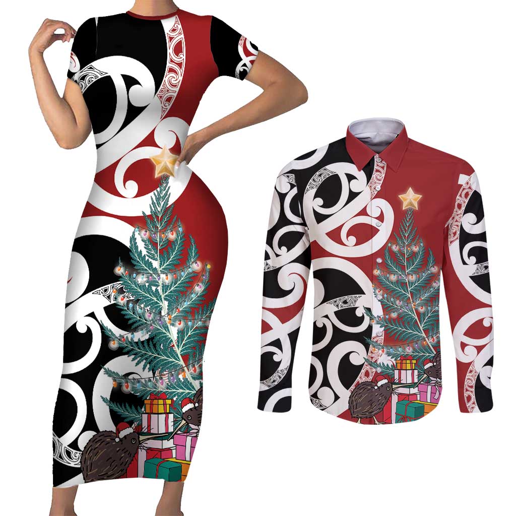 New Zealand Silver Fern Christmas Tree Couples Matching Short Sleeve Bodycon Dress and Long Sleeve Button Shirt Meri Kirihimete - Polynesian Pride