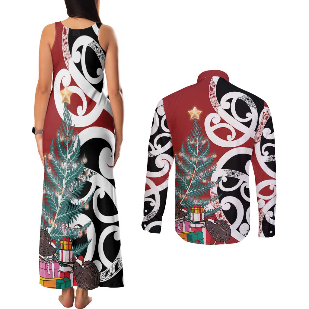 New Zealand Silver Fern Christmas Tree Couples Matching Tank Maxi Dress and Long Sleeve Button Shirt Meri Kirihimete - Polynesian Pride