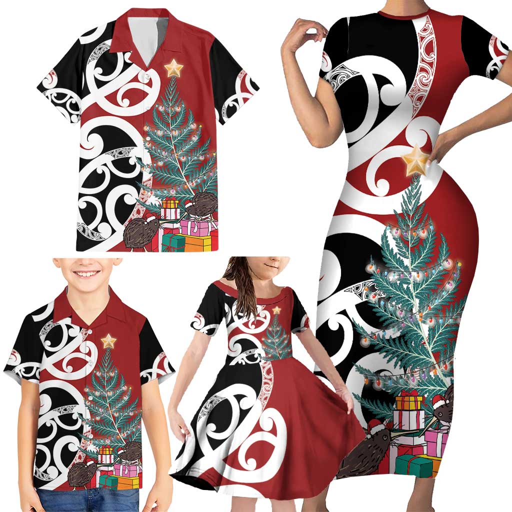 New Zealand Silver Fern Christmas Tree Family Matching Short Sleeve Bodycon Dress and Hawaiian Shirt Meri Kirihimete - Polynesian Pride