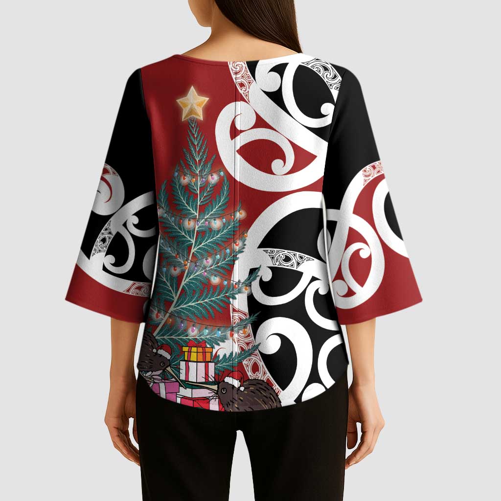 New Zealand Silver Fern Christmas Tree Kimono Sleeve Blouse Meri Kirihimete - Polynesian Pride