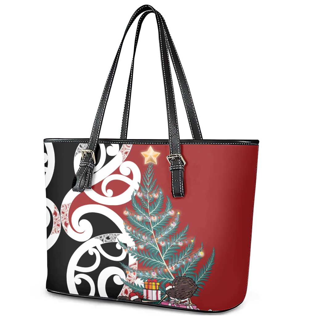 New Zealand Silver Fern Christmas Tree Leather Tote Bag Meri Kirihimete - Polynesian Pride