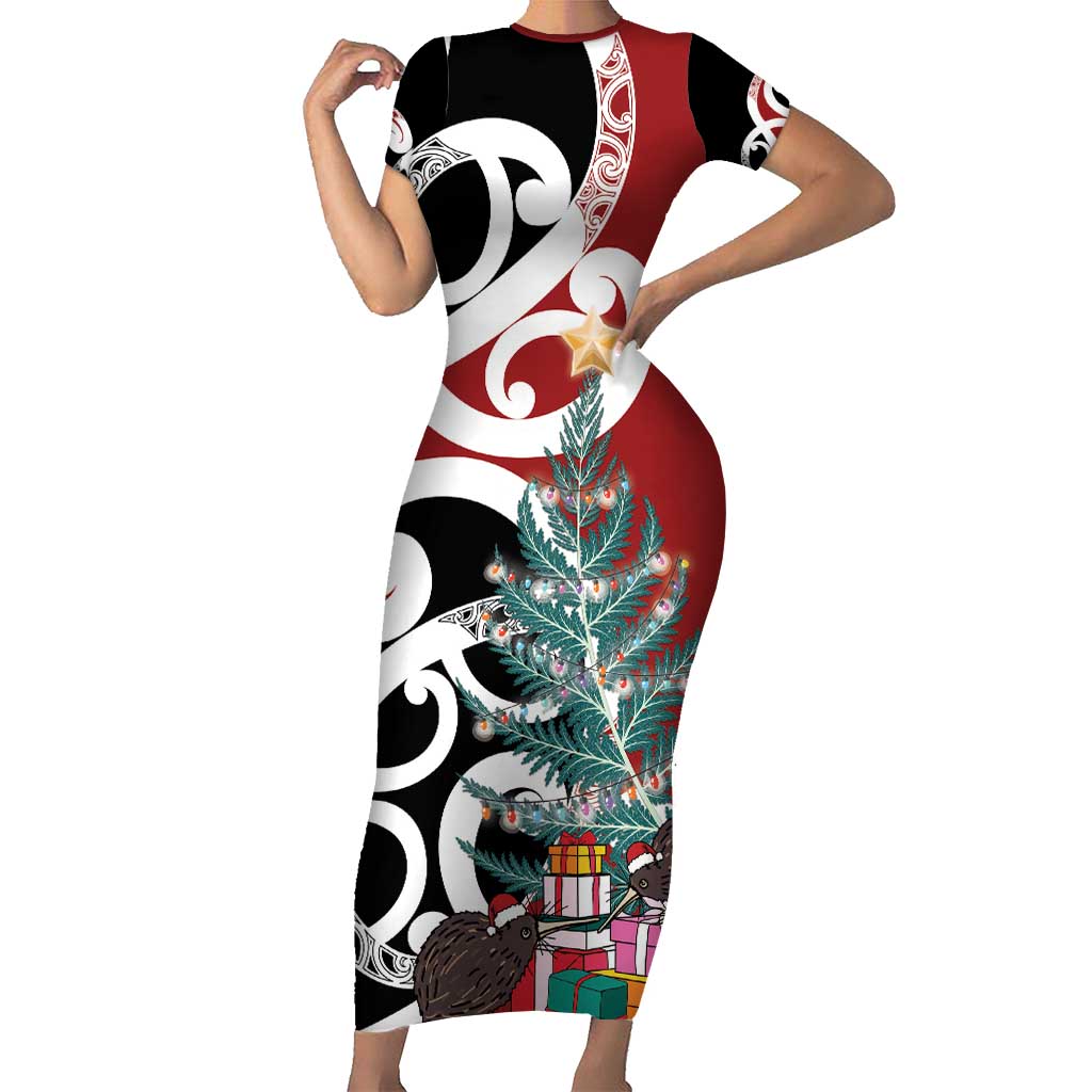 New Zealand Silver Fern Christmas Tree Short Sleeve Bodycon Dress Meri Kirihimete - Polynesian Pride