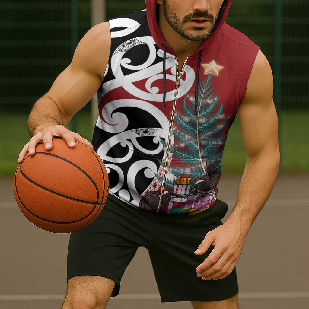 New Zealand Silver Fern Christmas Tree Sleeveless Zip Hoodie Meri Kirihimete - Polynesian Pride