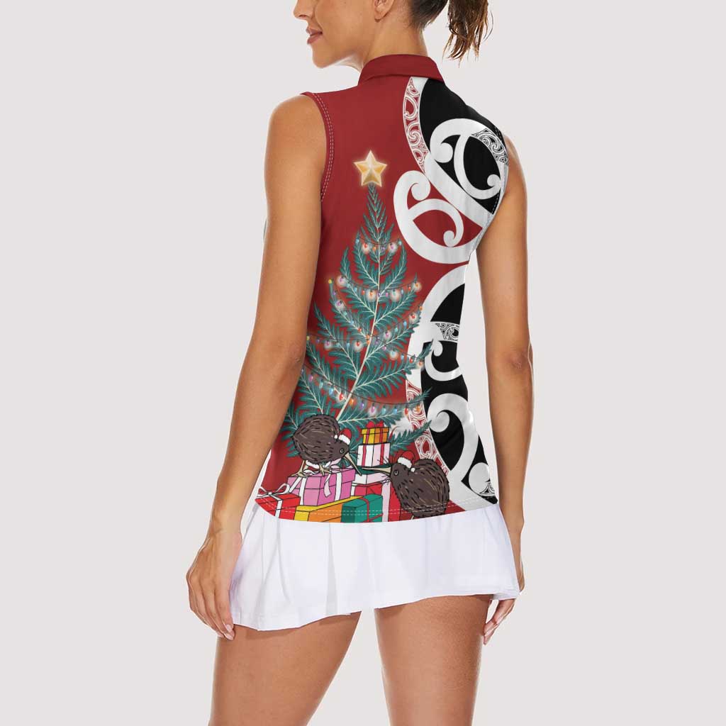 New Zealand Silver Fern Christmas Tree Women Sleeveless Polo Shirt Meri Kirihimete - Polynesian Pride