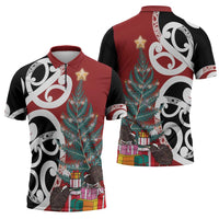 New Zealand Silver Fern Christmas Tree Zipper Polo Shirt Meri Kirihimete - Polynesian Pride