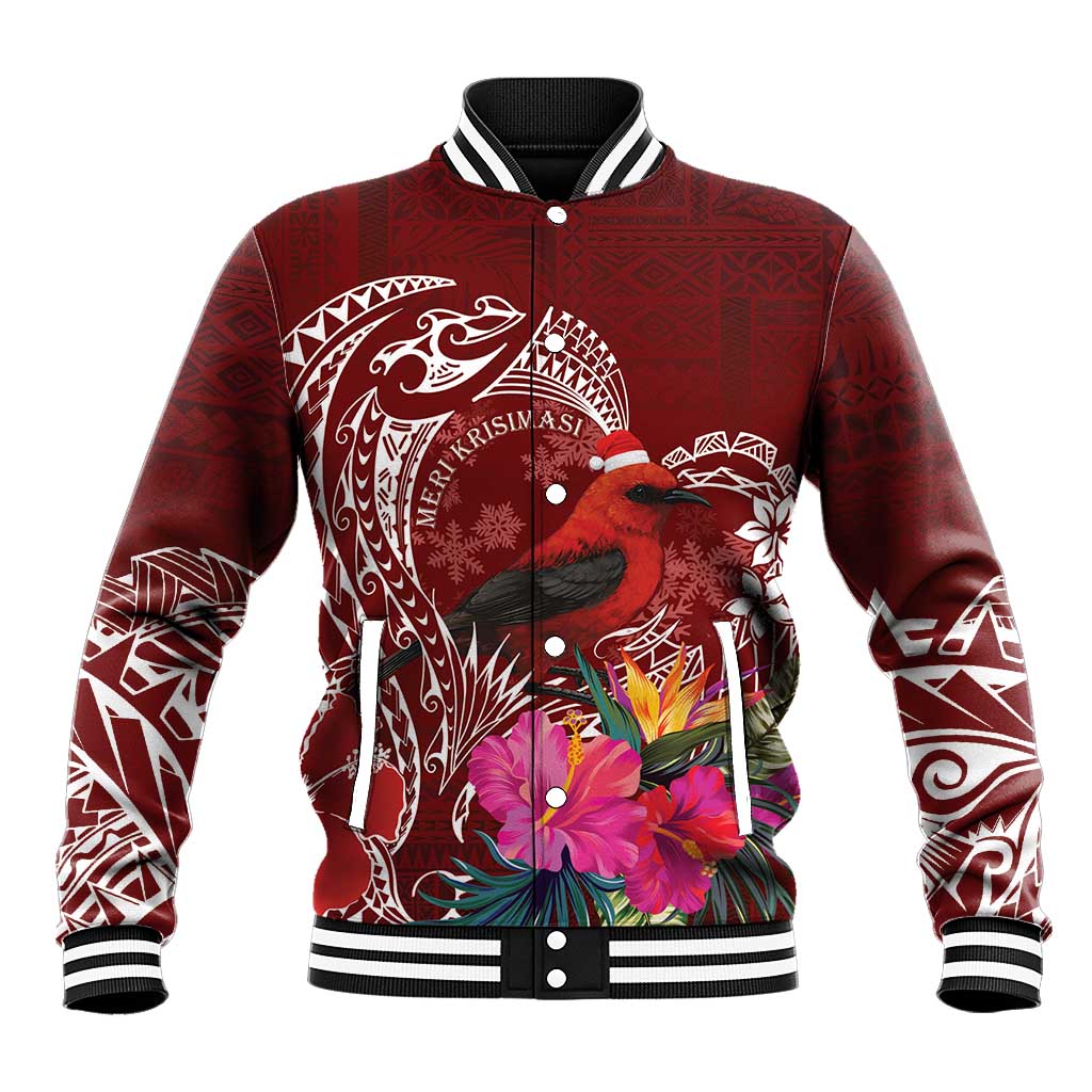 Personalized Samoa Meri Krisimasi Baseball Jacket Segasegamau'u Mix Siapo LT7 Unisex Red - Polynesian Pride
