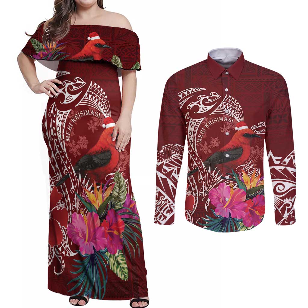 Personalized Samoa Meri Krisimasi Couples Matching Off Shoulder Maxi Dress and Long Sleeve Button Shirt Segasegamau'u Mix Siapo LT7 Red - Polynesian Pride