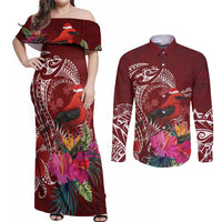 Personalized Samoa Meri Krisimasi Couples Matching Off Shoulder Maxi Dress and Long Sleeve Button Shirt Segasegamau'u Mix Siapo LT7 Red - Polynesian Pride