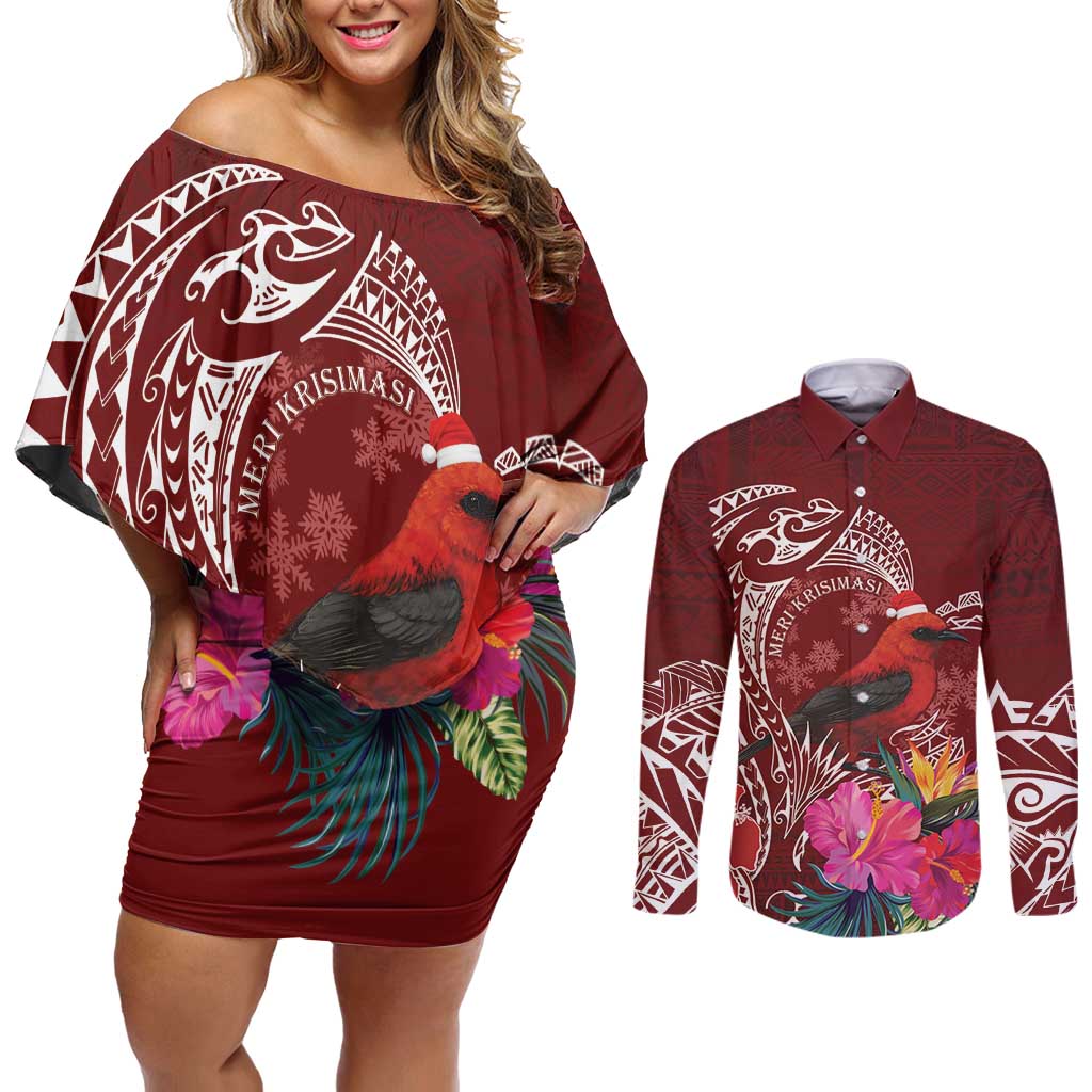 Personalized Samoa Meri Krisimasi Couples Matching Off Shoulder Short Dress and Long Sleeve Button Shirt Segasegamau'u Mix Siapo LT7 Red - Polynesian Pride