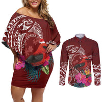 Personalized Samoa Meri Krisimasi Couples Matching Off Shoulder Short Dress and Long Sleeve Button Shirt Segasegamau'u Mix Siapo LT7 Red - Polynesian Pride