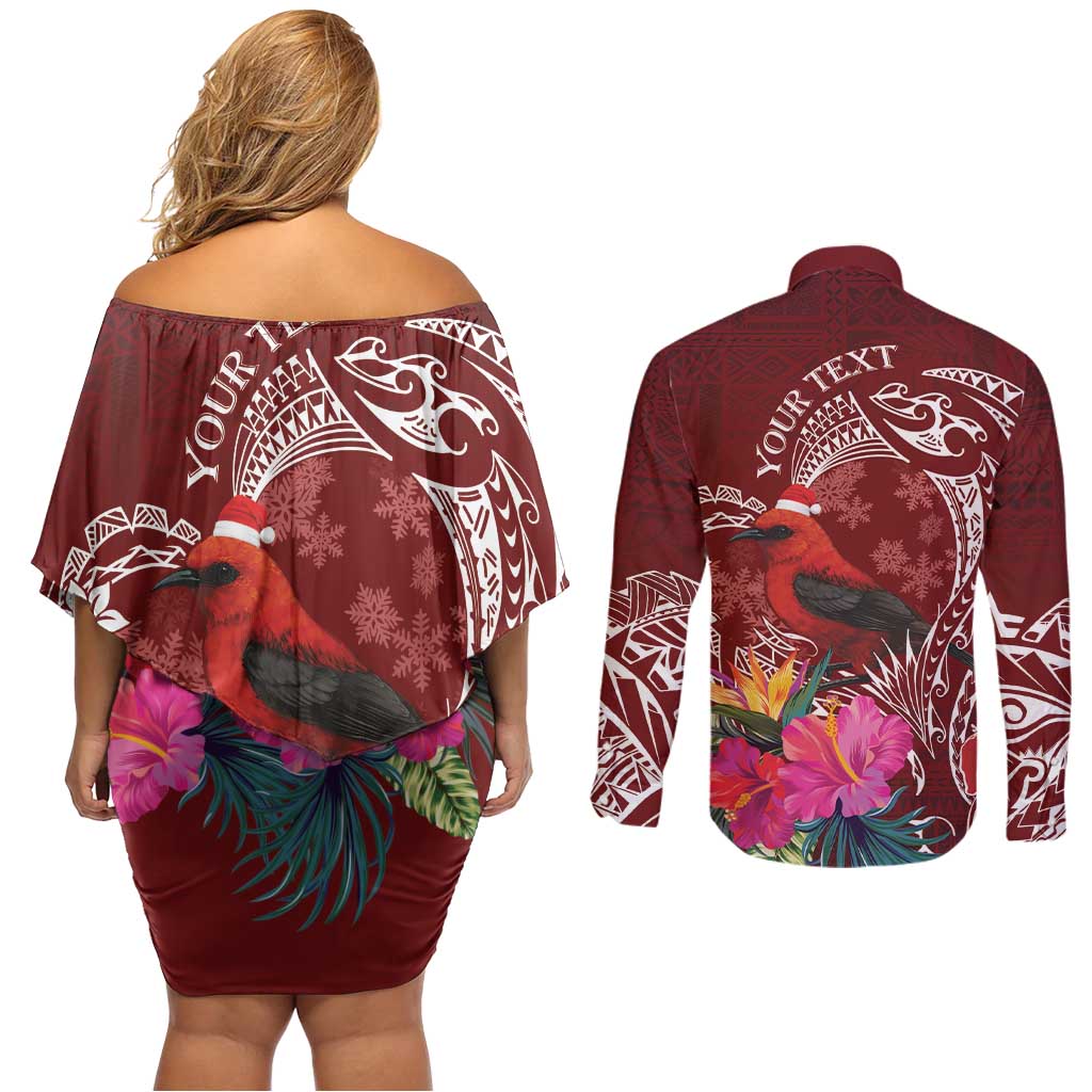 Personalized Samoa Meri Krisimasi Couples Matching Off Shoulder Short Dress and Long Sleeve Button Shirt Segasegamau'u Mix Siapo LT7 - Polynesian Pride