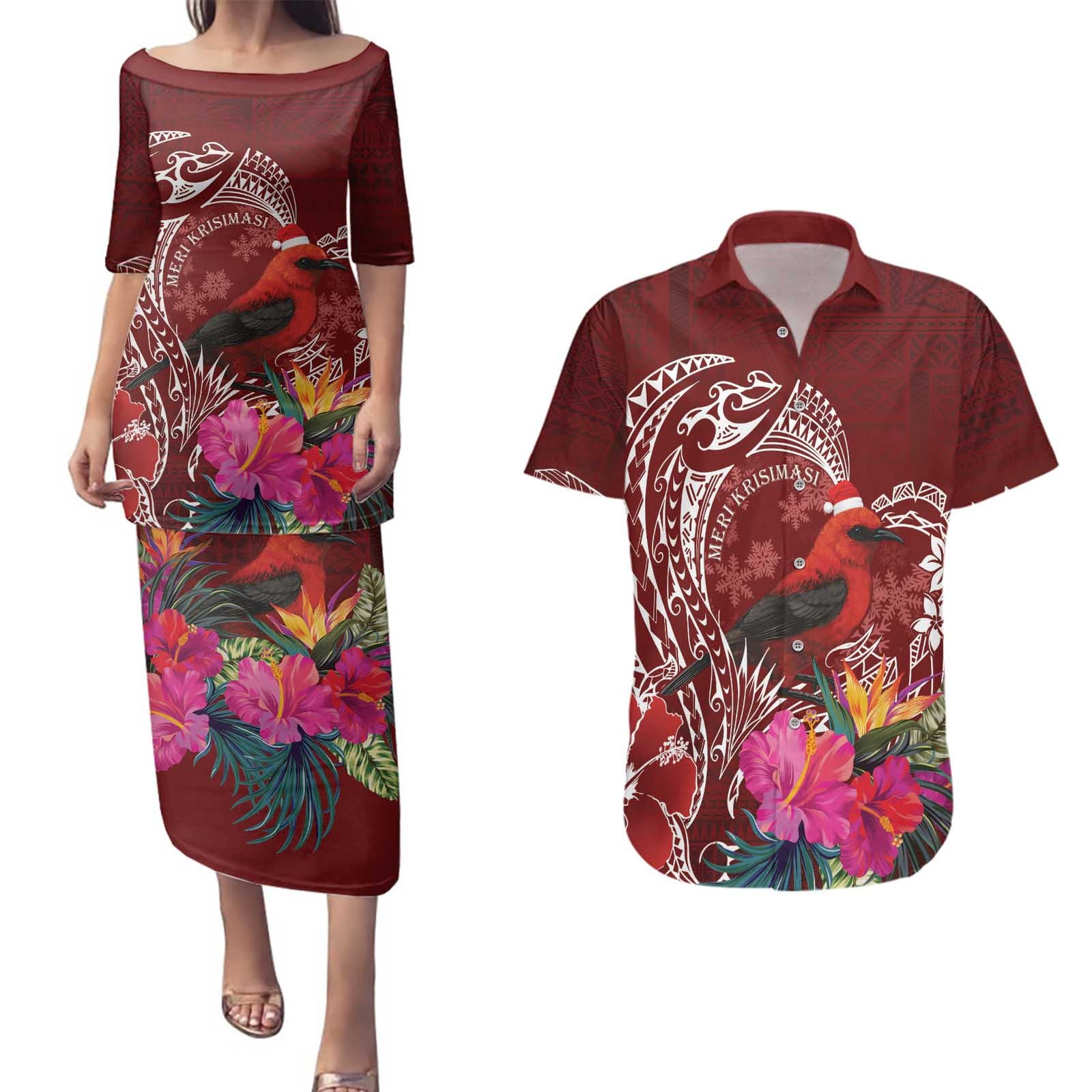 Personalized Samoa Meri Krisimasi Couples Matching Puletasi and Hawaiian Shirt Segasegamau'u Mix Siapo LT7 Red - Polynesian Pride
