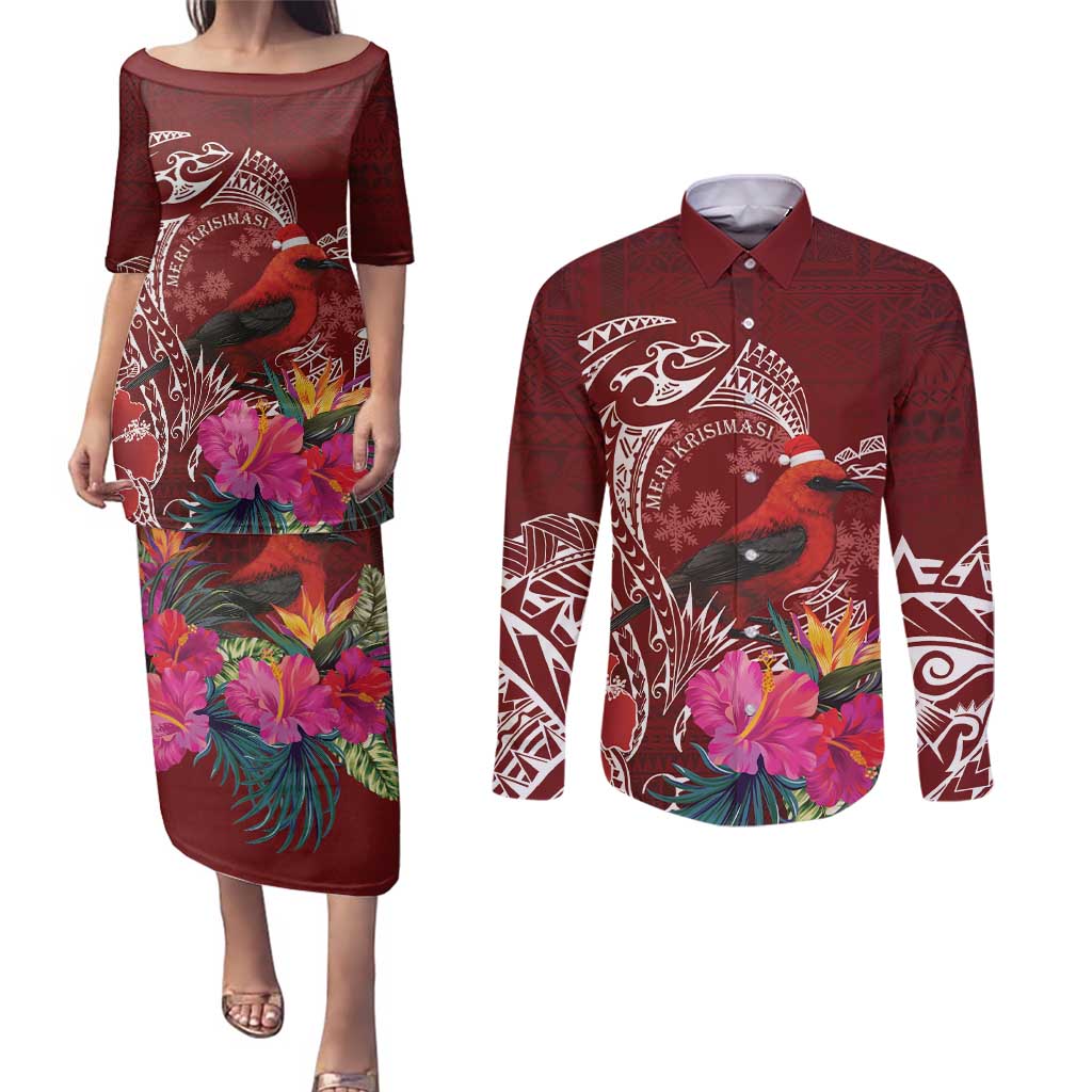 Personalized Samoa Meri Krisimasi Couples Matching Puletasi and Long Sleeve Button Shirt Segasegamau'u Mix Siapo LT7 Red - Polynesian Pride