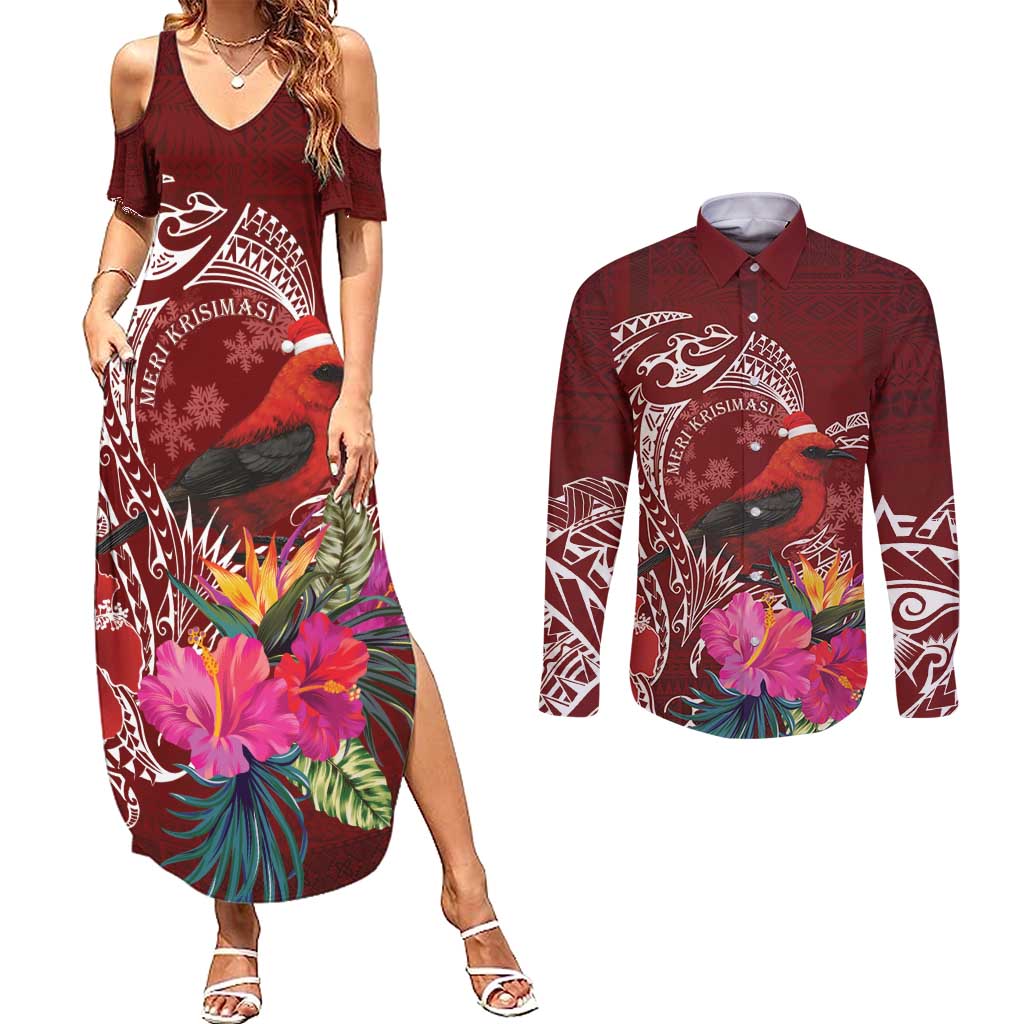 Personalized Samoa Meri Krisimasi Couples Matching Summer Maxi Dress and Long Sleeve Button Shirt Segasegamau'u Mix Siapo LT7 Red - Polynesian Pride