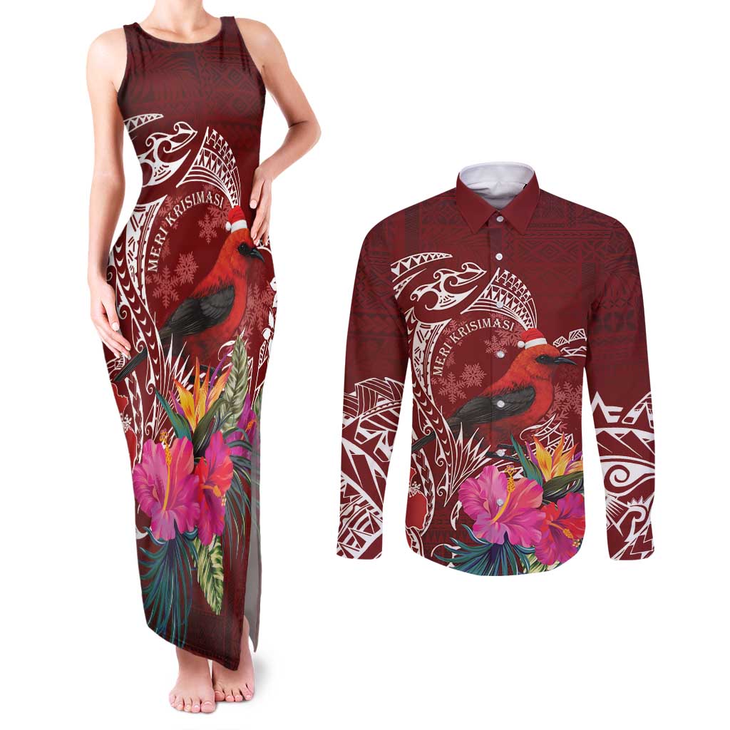Personalized Samoa Meri Krisimasi Couples Matching Tank Maxi Dress and Long Sleeve Button Shirt Segasegamau'u Mix Siapo LT7 Red - Polynesian Pride