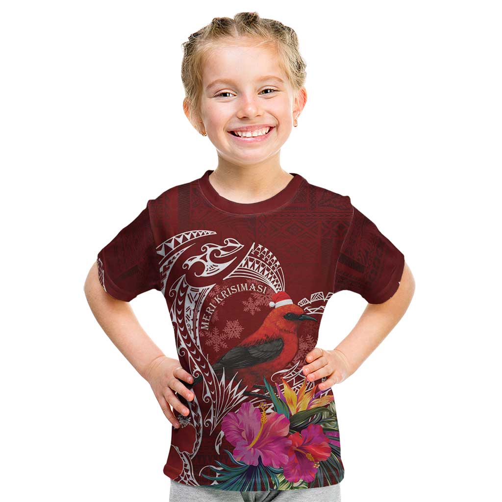 Personalized Samoa Meri Krisimasi Kid T Shirt Segasegamau'u Mix Siapo LT7 Red - Polynesian Pride
