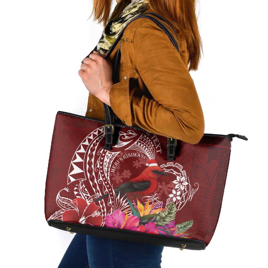 Personalized Samoa Meri Krisimasi Leather Tote Bag Segasegamau'u Mix Siapo LT7 Red - Polynesian Pride