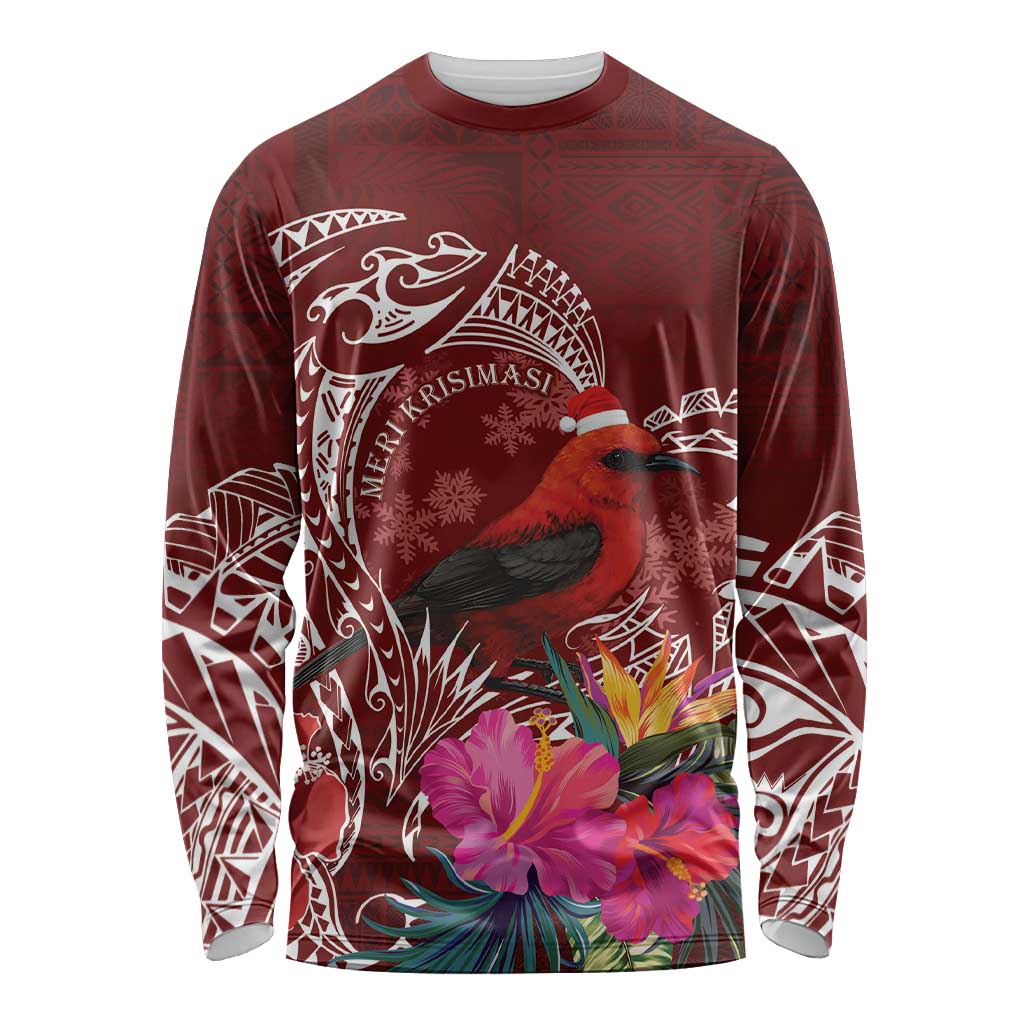 Personalized Samoa Meri Krisimasi Long Sleeve Shirt Segasegamau'u Mix Siapo LT7 Unisex Red - Polynesian Pride