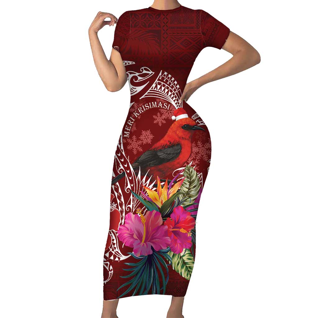 Personalized Samoa Meri Krisimasi Short Sleeve Bodycon Dress Segasegamau'u Mix Siapo LT7 Long Dress Red - Polynesian Pride