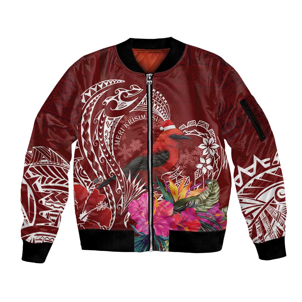 Personalized Samoa Meri Krisimasi Sleeve Zip Bomber Jacket Segasegamau'u Mix Siapo LT7 Unisex Red - Polynesian Pride