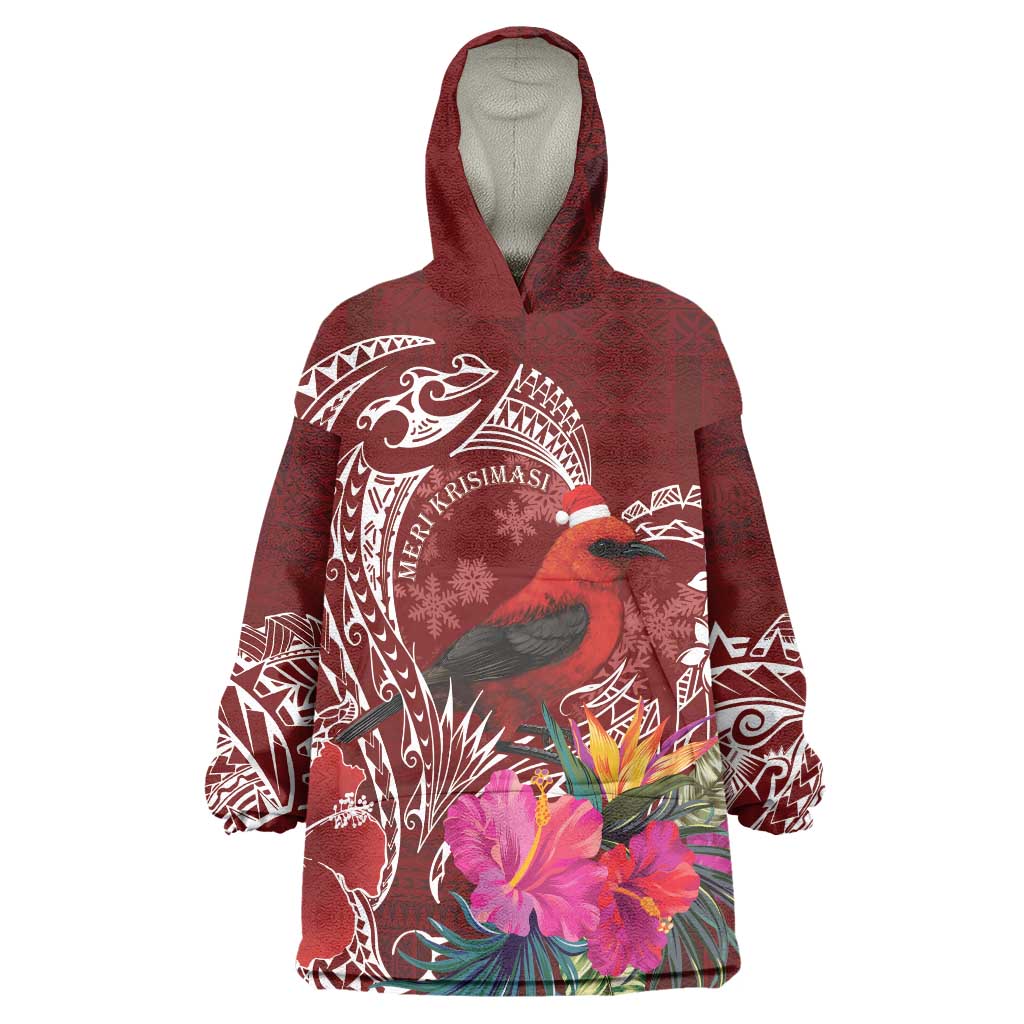 Personalized Samoa Meri Krisimasi Wearable Blanket Hoodie Segasegamau'u Mix Siapo LT7 One Size Red - Polynesian Pride