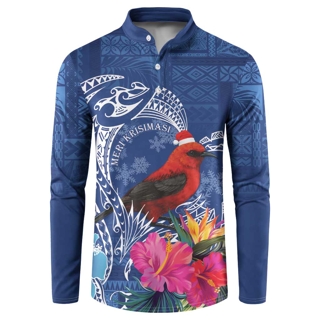 Personalized Samoa Christmas Button Sweatshirt Cardinal Honeyeater Mix Siapo LT7 Blue - Polynesian Pride