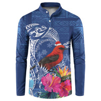 Personalized Samoa Christmas Button Sweatshirt Cardinal Honeyeater Mix Siapo LT7 Blue - Polynesian Pride