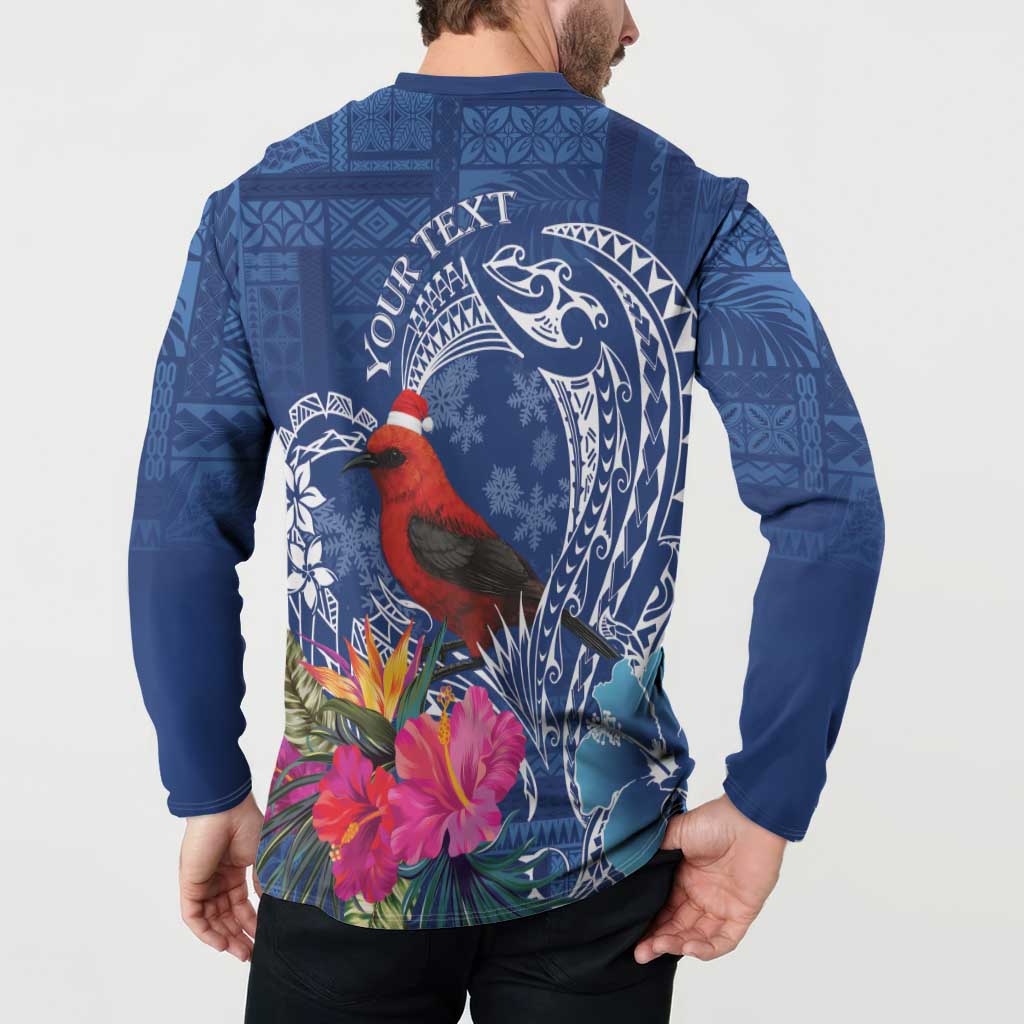 Personalized Samoa Christmas Button Sweatshirt Cardinal Honeyeater Mix Siapo LT7 - Polynesian Pride