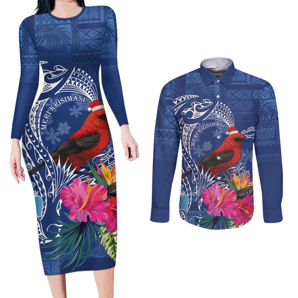 Personalized Samoa Christmas Couples Matching Long Sleeve Bodycon Dress and Long Sleeve Button Shirt Cardinal Honeyeater Mix Siapo LT7 Blue - Polynesian Pride