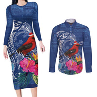 Personalized Samoa Christmas Couples Matching Long Sleeve Bodycon Dress and Long Sleeve Button Shirt Cardinal Honeyeater Mix Siapo LT7 Blue - Polynesian Pride