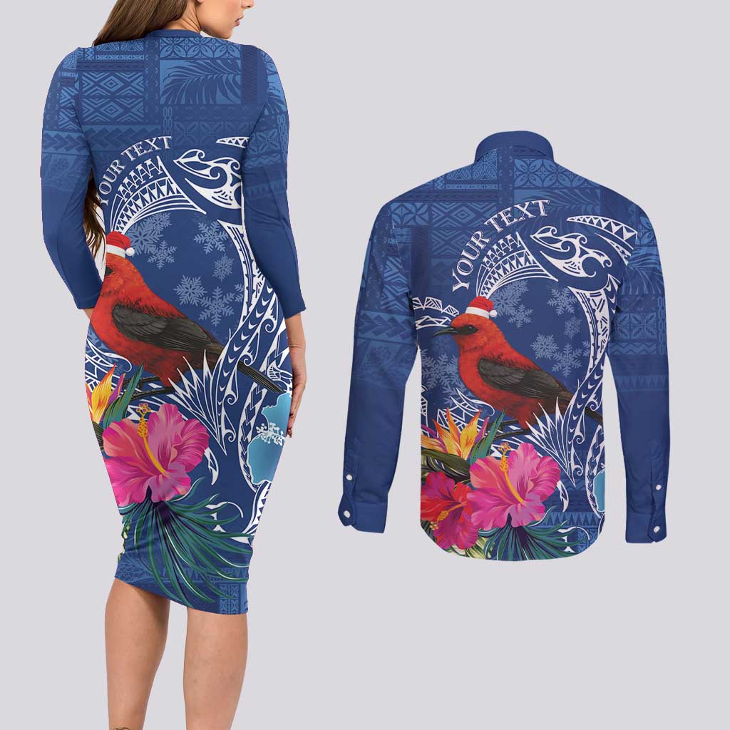 Personalized Samoa Christmas Couples Matching Long Sleeve Bodycon Dress and Long Sleeve Button Shirt Cardinal Honeyeater Mix Siapo LT7 - Polynesian Pride