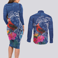 Personalized Samoa Christmas Couples Matching Long Sleeve Bodycon Dress and Long Sleeve Button Shirt Cardinal Honeyeater Mix Siapo LT7 - Polynesian Pride