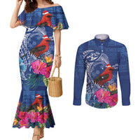 Personalized Samoa Christmas Couples Matching Mermaid Dress and Long Sleeve Button Shirt Cardinal Honeyeater Mix Siapo LT7 Blue - Polynesian Pride